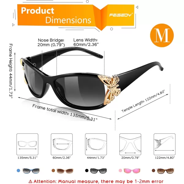 FEISEDY Trendy Polarized Y2K Sunglasses Wrap Around Butterfly Design Fashion Sunnies UV400 Protection B0078Black  Golden