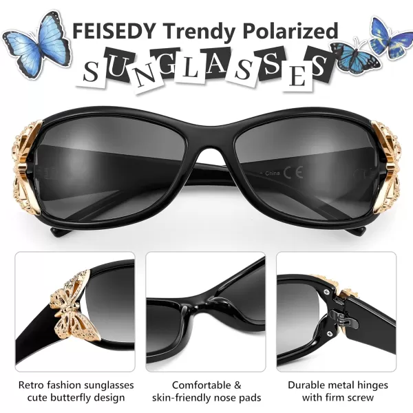 FEISEDY Trendy Polarized Y2K Sunglasses Wrap Around Butterfly Design Fashion Sunnies UV400 Protection B0078Black  Golden