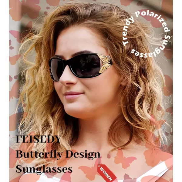 FEISEDY Trendy Polarized Y2K Sunglasses Wrap Around Butterfly Design Fashion Sunnies UV400 Protection B0078Black  Golden