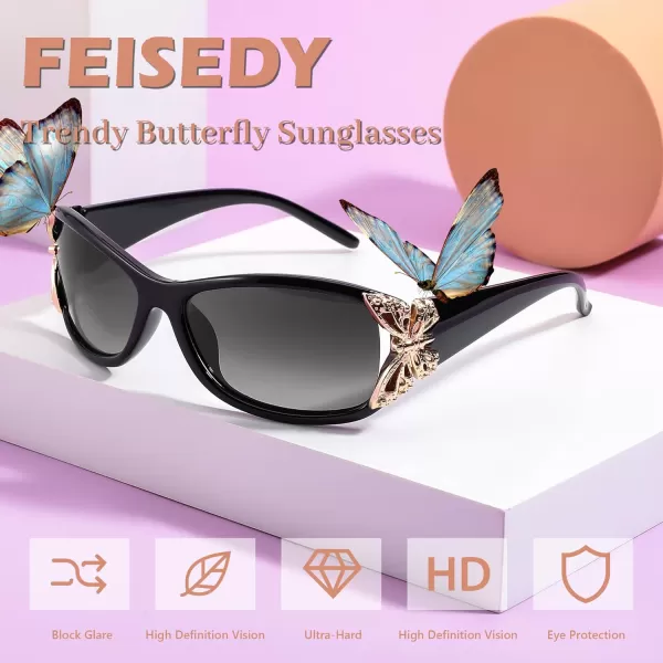 FEISEDY Trendy Polarized Y2K Sunglasses Wrap Around Butterfly Design Fashion Sunnies UV400 Protection B0078Black  Golden