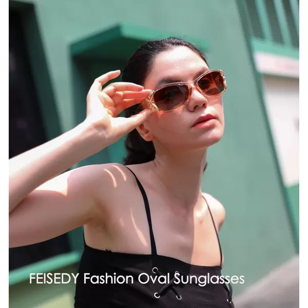 FEISEDY Trendy Polarized Y2K Sunglasses Wrap Around Butterfly Design Fashion Sunnies UV400 Protection B0078Champagne Frame  Gradual Tea Lens