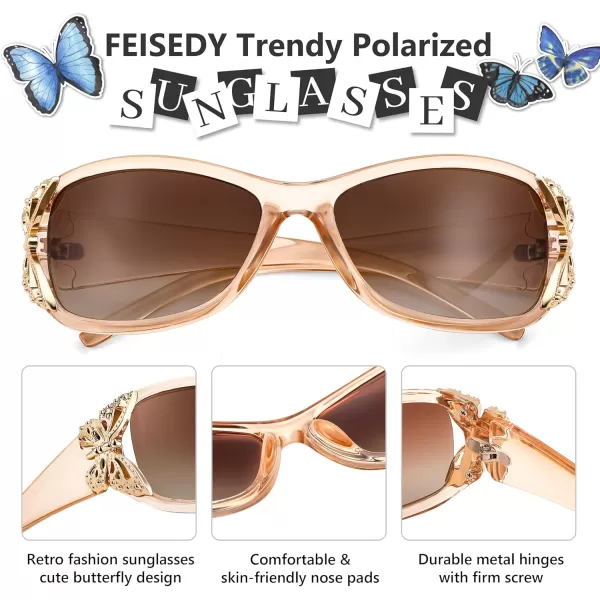 FEISEDY Trendy Polarized Y2K Sunglasses Wrap Around Butterfly Design Fashion Sunnies UV400 Protection B0078Champagne Frame  Gradual Tea Lens