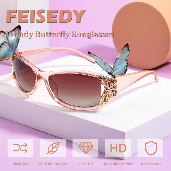 FEISEDY Trendy Polarized Y2K Sunglasses Wrap Around Butterfly Design Fashion Sunnies UV400 Protection B0078Champagne Frame  Gradual Tea Lens