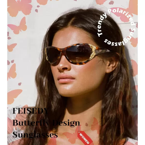 FEISEDY Trendy Polarized Y2K Sunglasses Wrap Around Butterfly Design Fashion Sunnies UV400 Protection B0078Leopard Frame  Gradual Tea Lens