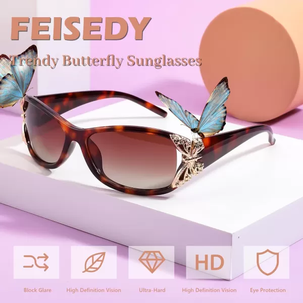 FEISEDY Trendy Polarized Y2K Sunglasses Wrap Around Butterfly Design Fashion Sunnies UV400 Protection B0078Leopard Frame  Gradual Tea Lens