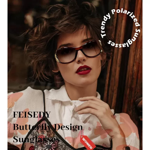 FEISEDY Trendy Polarized Y2K Sunglasses Wrap Around Butterfly Design Fashion Sunnies UV400 Protection B0078Tea Frame  Gradual Tea Lens