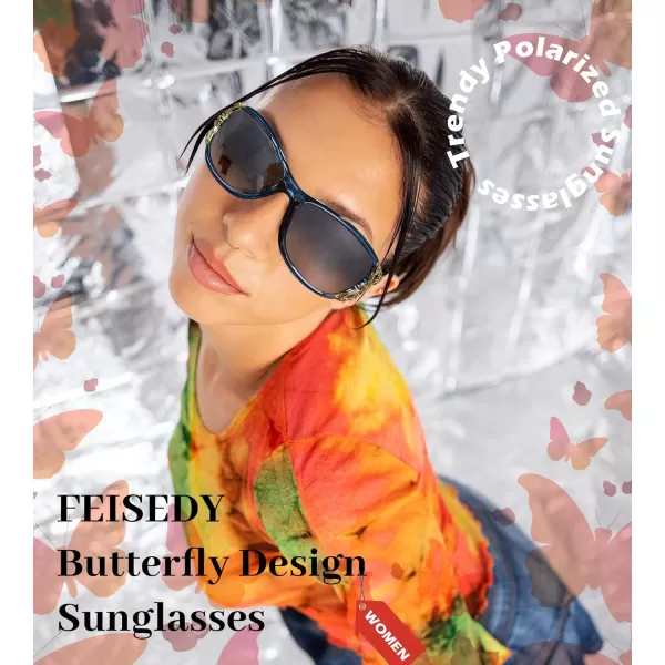 FEISEDY Trendy Polarized Y2K Sunglasses Wrap Around Butterfly Design Fashion Sunnies UV400 Protection B0078Transparent Blue Frame  Gradual Grey Lens