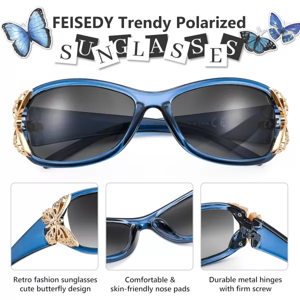 FEISEDY Trendy Polarized Y2K Sunglasses Wrap Around Butterfly Design Fashion Sunnies UV400 Protection B0078Transparent Blue Frame  Gradual Grey Lens