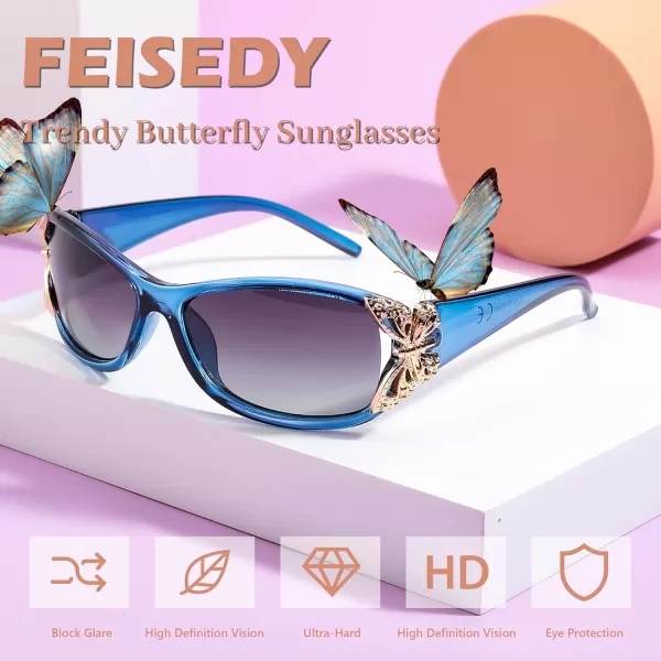 FEISEDY Trendy Polarized Y2K Sunglasses Wrap Around Butterfly Design Fashion Sunnies UV400 Protection B0078Transparent Blue Frame  Gradual Grey Lens