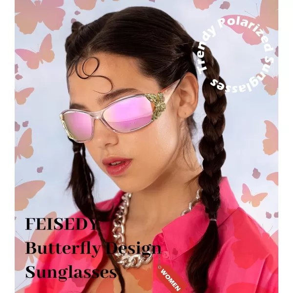 FEISEDY Trendy Polarized Y2K Sunglasses Wrap Around Butterfly Design Fashion Sunnies UV400 Protection B0078Transparent Pink Frame  Pink Mirror Lens