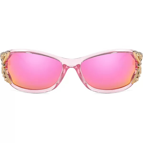 FEISEDY Trendy Polarized Y2K Sunglasses Wrap Around Butterfly Design Fashion Sunnies UV400 Protection B0078Transparent Pink Frame  Pink Mirror Lens