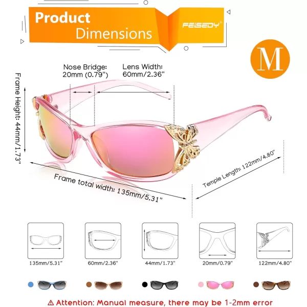 FEISEDY Trendy Polarized Y2K Sunglasses Wrap Around Butterfly Design Fashion Sunnies UV400 Protection B0078Transparent Pink Frame  Pink Mirror Lens
