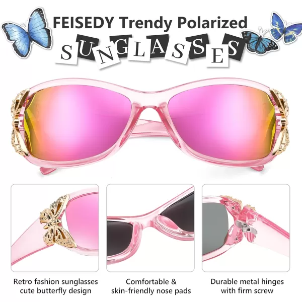 FEISEDY Trendy Polarized Y2K Sunglasses Wrap Around Butterfly Design Fashion Sunnies UV400 Protection B0078Transparent Pink Frame  Pink Mirror Lens