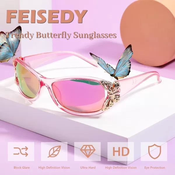 FEISEDY Trendy Polarized Y2K Sunglasses Wrap Around Butterfly Design Fashion Sunnies UV400 Protection B0078Transparent Pink Frame  Pink Mirror Lens
