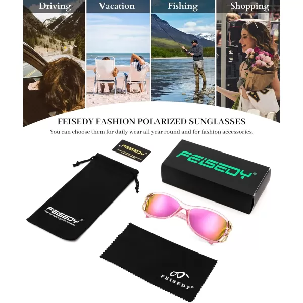 FEISEDY Trendy Polarized Y2K Sunglasses Wrap Around Butterfly Design Fashion Sunnies UV400 Protection B0078Transparent Pink Frame  Pink Mirror Lens
