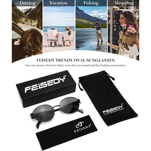 FEISEDY Trendy Retro Oval Sunglasses for Women Men Small Metal Frame Sun Glasses UV400 Shades B0124Blackgrey