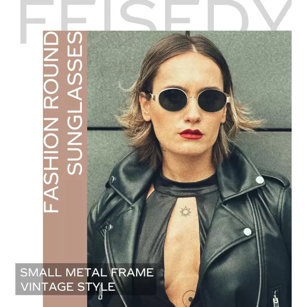 FEISEDY Trendy Retro Oval Sunglasses for Women Men Small Metal Frame Sun Glasses UV400 Shades B0124Goldblackish Green