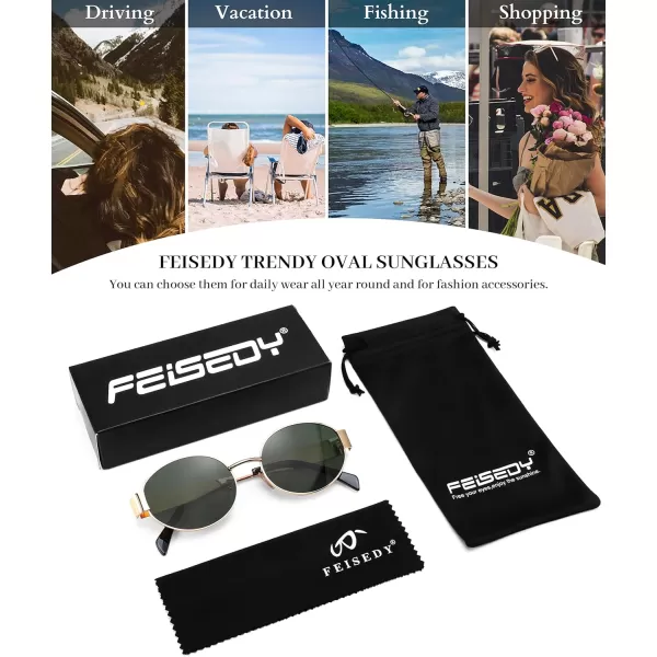 FEISEDY Trendy Retro Oval Sunglasses for Women Men Small Metal Frame Sun Glasses UV400 Shades B0124Goldblackish Green