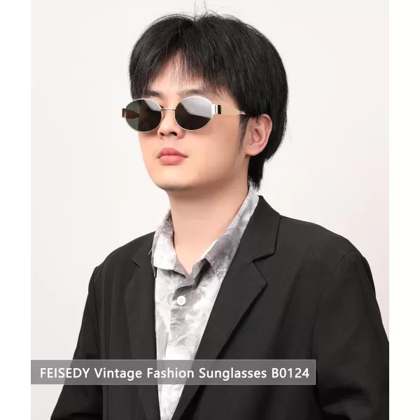 FEISEDY Trendy Retro Oval Sunglasses for Women Men Small Metal Frame Sun Glasses UV400 Shades B0124Goldblackish Green
