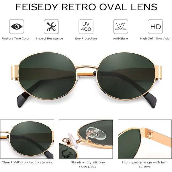 FEISEDY Trendy Retro Oval Sunglasses for Women Men Small Metal Frame Sun Glasses UV400 Shades B0124Goldblackish Green