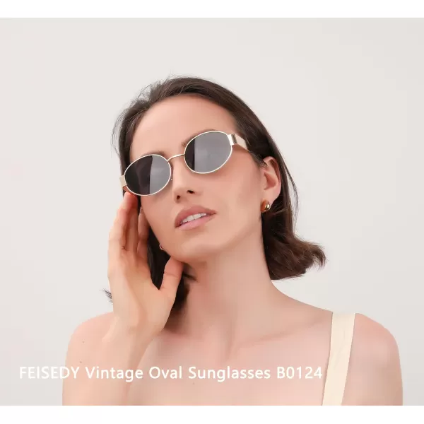 FEISEDY Trendy Retro Oval Sunglasses for Women Men Small Metal Frame Sun Glasses UV400 Shades B0124Goldgrey