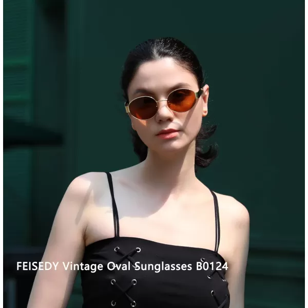 FEISEDY Trendy Retro Oval Sunglasses for Women Men Small Metal Frame Sun Glasses UV400 Shades B0124Goldtea