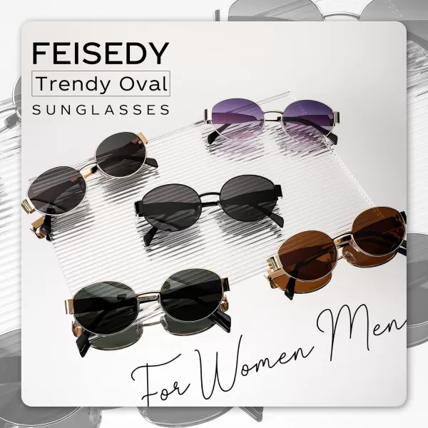 FEISEDY Trendy Retro Oval Sunglasses for Women Men Small Metal Frame Sun Glasses UV400 Shades B0124Goldtea