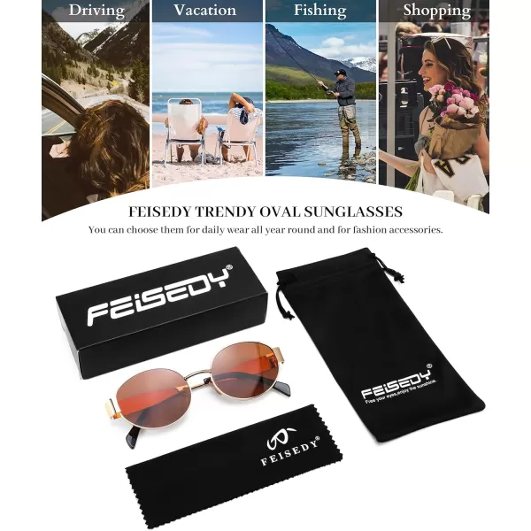 FEISEDY Trendy Retro Oval Sunglasses for Women Men Small Metal Frame Sun Glasses UV400 Shades B0124Goldtea