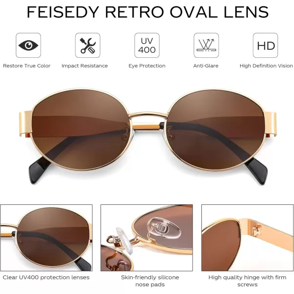 FEISEDY Trendy Retro Oval Sunglasses for Women Men Small Metal Frame Sun Glasses UV400 Shades B0124Goldtea