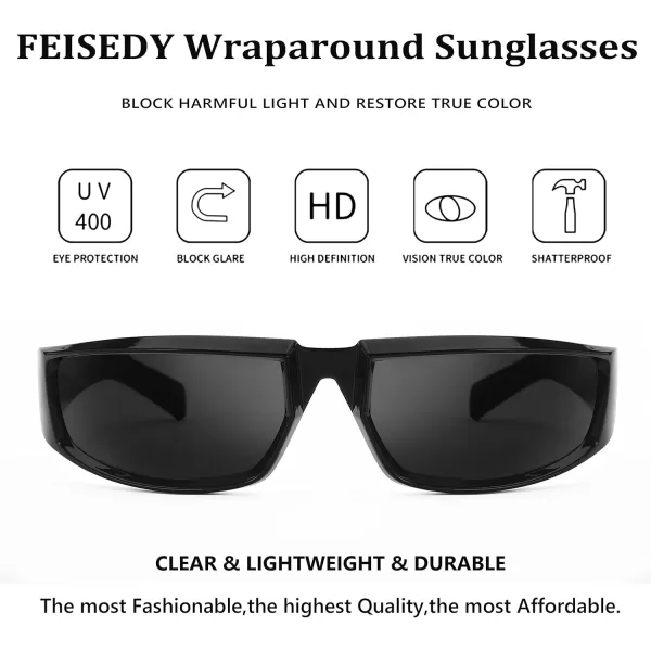FEISEDY Wrap Around Trendy Sunglasses For Women Men Fashion Futuristic Mirror Shades Punk Sun Glasses B2970001 Black Grey Lens