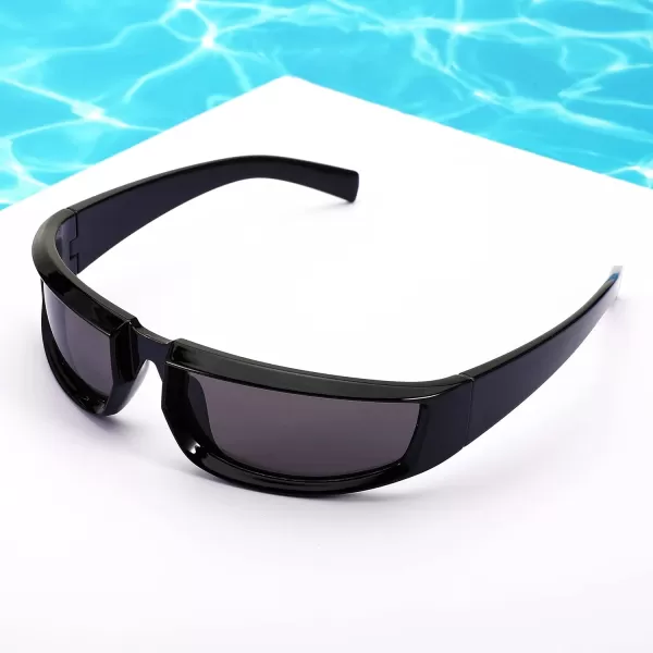 FEISEDY Wrap Around Trendy Sunglasses For Women Men Fashion Futuristic Mirror Shades Punk Sun Glasses B2970001 Black Grey Lens