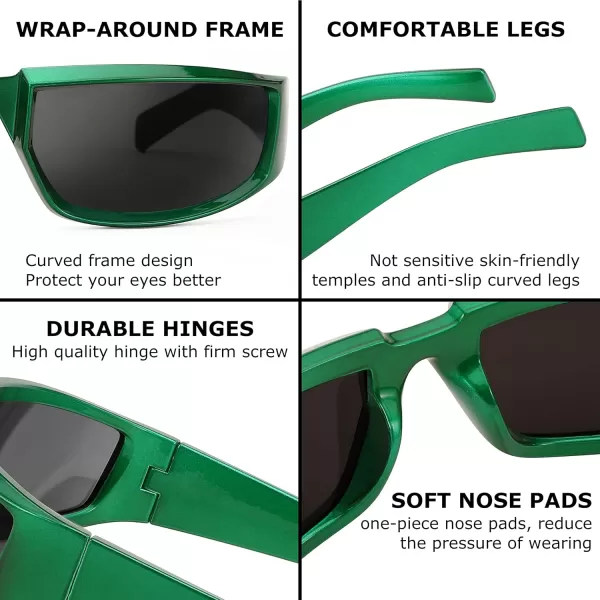 FEISEDY Wrap Around Trendy Sunglasses For Women Men Fashion Futuristic Mirror Shades Punk Sun Glasses B2970002 Green Grey Lens