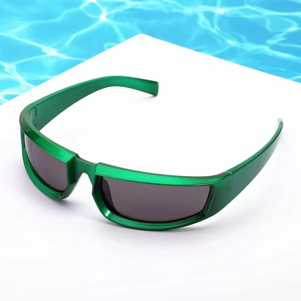 FEISEDY Wrap Around Trendy Sunglasses For Women Men Fashion Futuristic Mirror Shades Punk Sun Glasses B2970002 Green Grey Lens