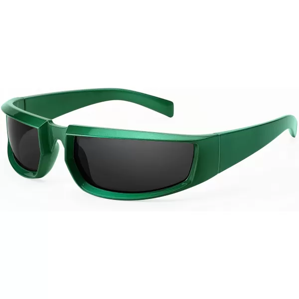 FEISEDY Wrap Around Trendy Sunglasses For Women Men Fashion Futuristic Mirror Shades Punk Sun Glasses B2970002 Green Grey Lens