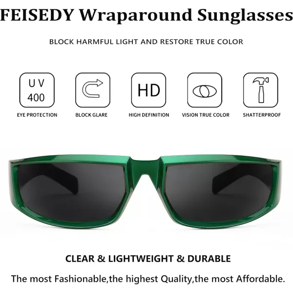 FEISEDY Wrap Around Trendy Sunglasses For Women Men Fashion Futuristic Mirror Shades Punk Sun Glasses B2970002 Green Grey Lens