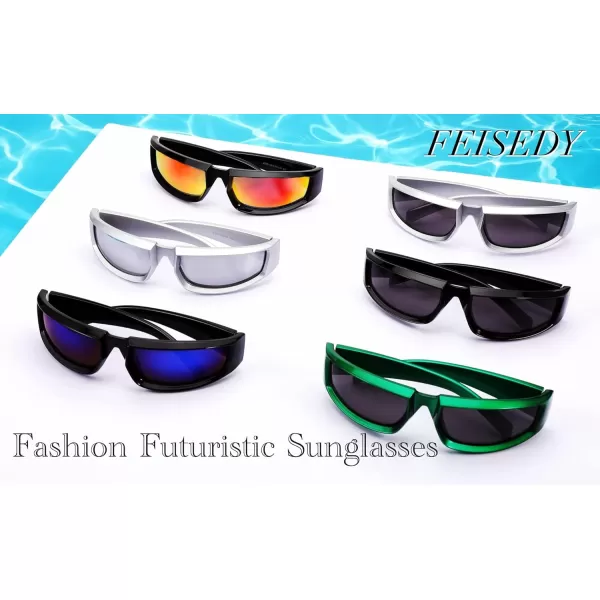 FEISEDY Wrap Around Trendy Sunglasses For Women Men Fashion Futuristic Mirror Shades Punk Sun Glasses B2970003 Black  Red Mirrored Lens