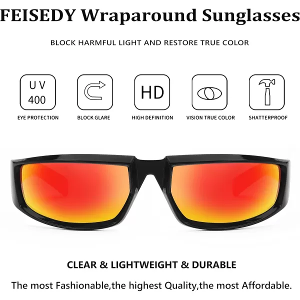 FEISEDY Wrap Around Trendy Sunglasses For Women Men Fashion Futuristic Mirror Shades Punk Sun Glasses B2970003 Black  Red Mirrored Lens