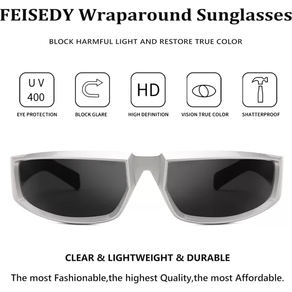 FEISEDY Wrap Around Trendy Sunglasses For Women Men Fashion Futuristic Mirror Shades Punk Sun Glasses B2970004 Silver  Grey Lens