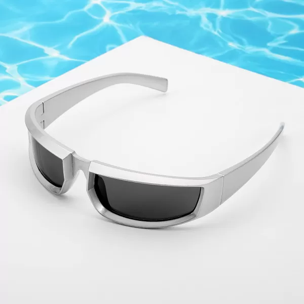 FEISEDY Wrap Around Trendy Sunglasses For Women Men Fashion Futuristic Mirror Shades Punk Sun Glasses B2970004 Silver  Grey Lens