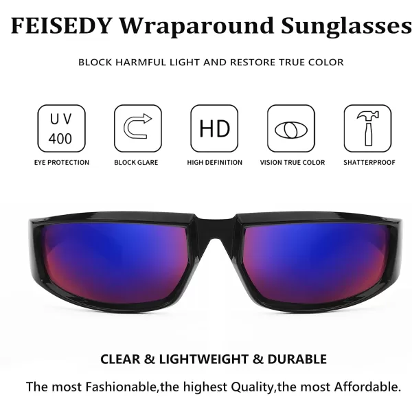 FEISEDY Wrap Around Trendy Sunglasses For Women Men Fashion Futuristic Mirror Shades Punk Sun Glasses B2970005 Black  Grey Lens