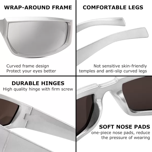 FEISEDY Wrap Around Trendy Sunglasses For Women Men Fashion Futuristic Mirror Shades Punk Sun Glasses B2970006 Silver  White Mirrored Lenses