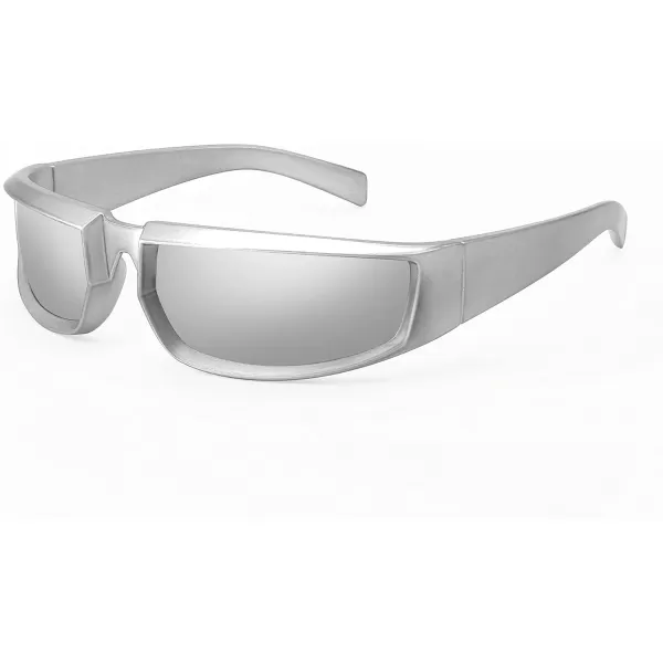 FEISEDY Wrap Around Trendy Sunglasses For Women Men Fashion Futuristic Mirror Shades Punk Sun Glasses B2970006 Silver  White Mirrored Lenses