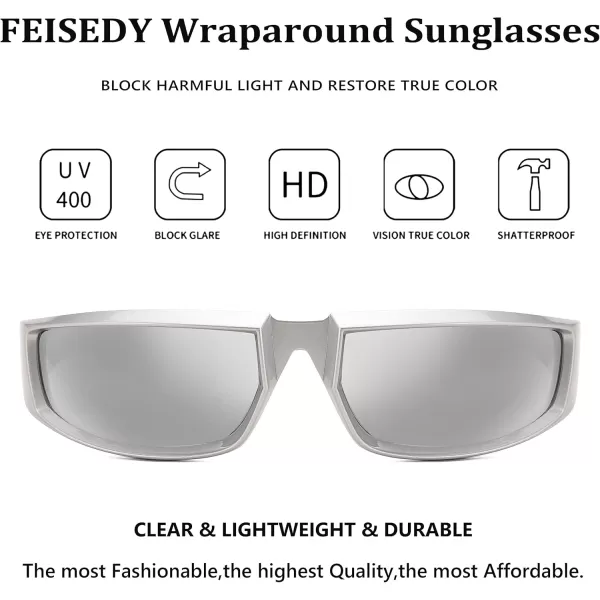 FEISEDY Wrap Around Trendy Sunglasses For Women Men Fashion Futuristic Mirror Shades Punk Sun Glasses B2970006 Silver  White Mirrored Lenses