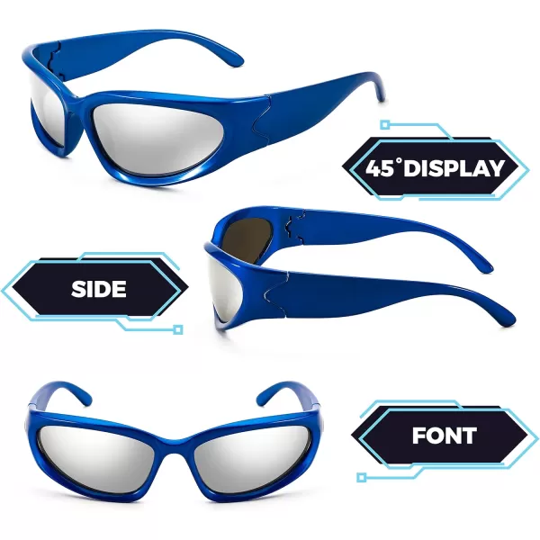 FEISEDY Y2K Futuristic Sunglasses Cool Oval Wrap Around 90s Visor Thick Frame Vintage for Men Women B2951Blue Frame  Silver Lens