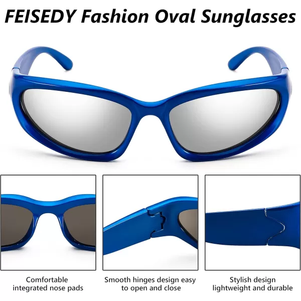 FEISEDY Y2K Futuristic Sunglasses Cool Oval Wrap Around 90s Visor Thick Frame Vintage for Men Women B2951Blue Frame  Silver Lens