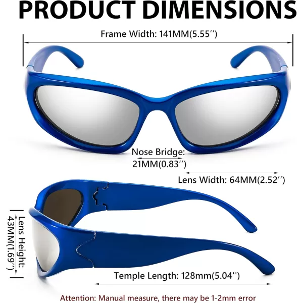 FEISEDY Y2K Futuristic Sunglasses Cool Oval Wrap Around 90s Visor Thick Frame Vintage for Men Women B2951Blue Frame  Silver Lens