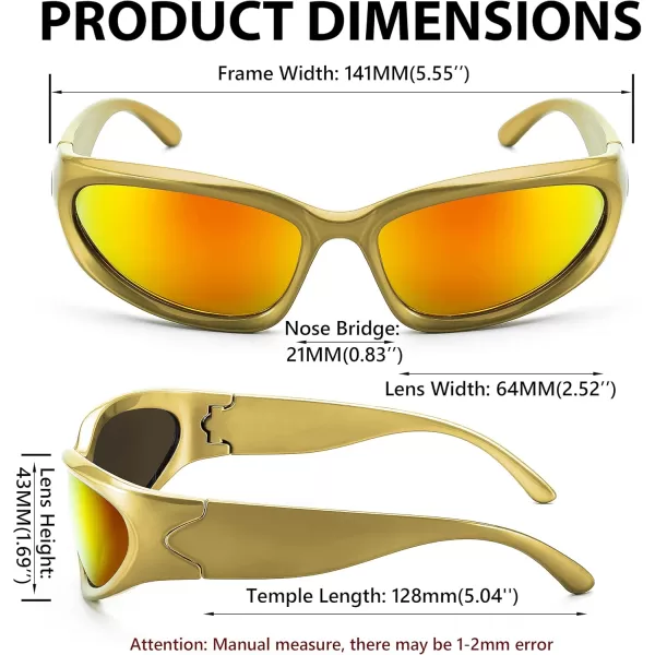 FEISEDY Y2K Futuristic Sunglasses Cool Oval Wrap Around 90s Visor Thick Frame Vintage for Men Women B2951Golden Frame  Red Mirror Lens