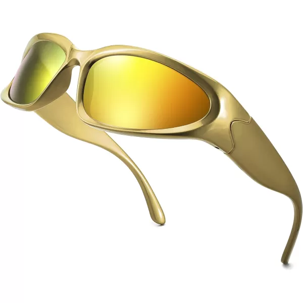 FEISEDY Y2K Futuristic Sunglasses Cool Oval Wrap Around 90s Visor Thick Frame Vintage for Men Women B2951Golden Frame  Red Mirror Lens