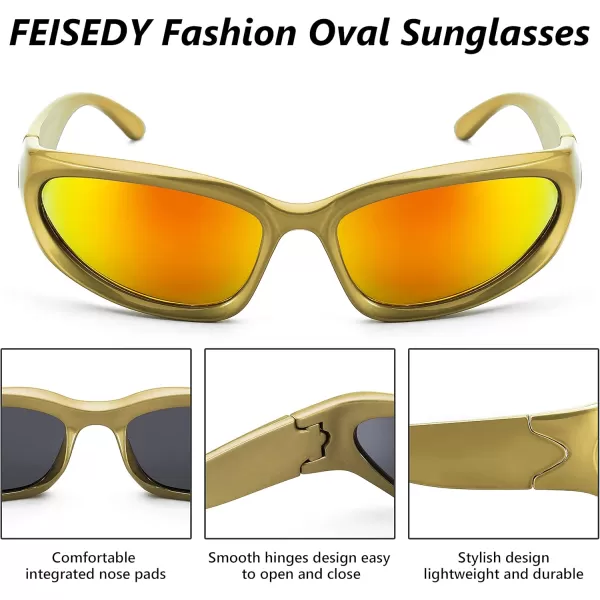 FEISEDY Y2K Futuristic Sunglasses Cool Oval Wrap Around 90s Visor Thick Frame Vintage for Men Women B2951Golden Frame  Red Mirror Lens