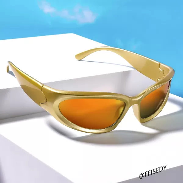 FEISEDY Y2K Futuristic Sunglasses Cool Oval Wrap Around 90s Visor Thick Frame Vintage for Men Women B2951Golden Frame  Red Mirror Lens